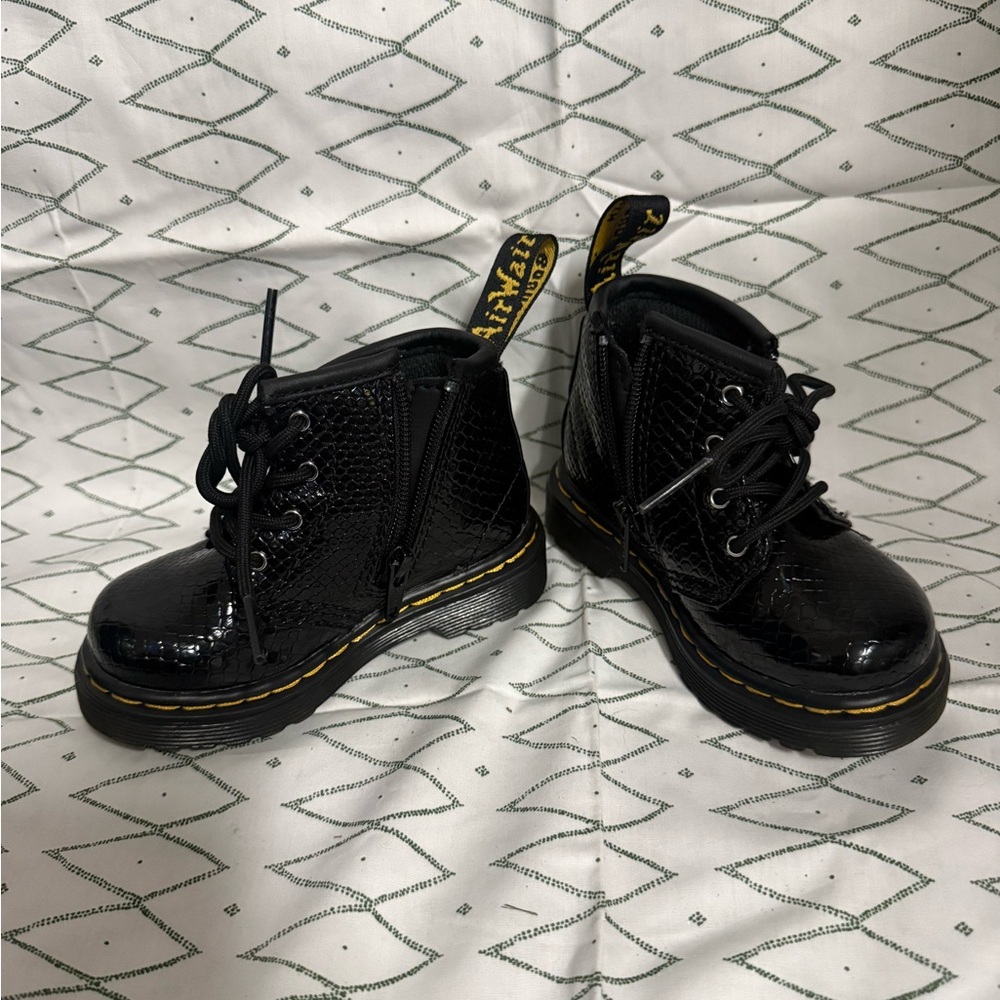 Dr. Martens Kids Black Patent Lace-Up Ankle Boots with Yellow Stitching